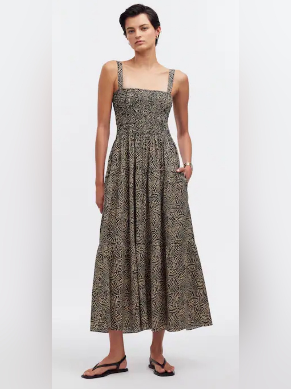 Madewell Smocked Drop-Waist Maxi Dress Spiral Dot Black Summer